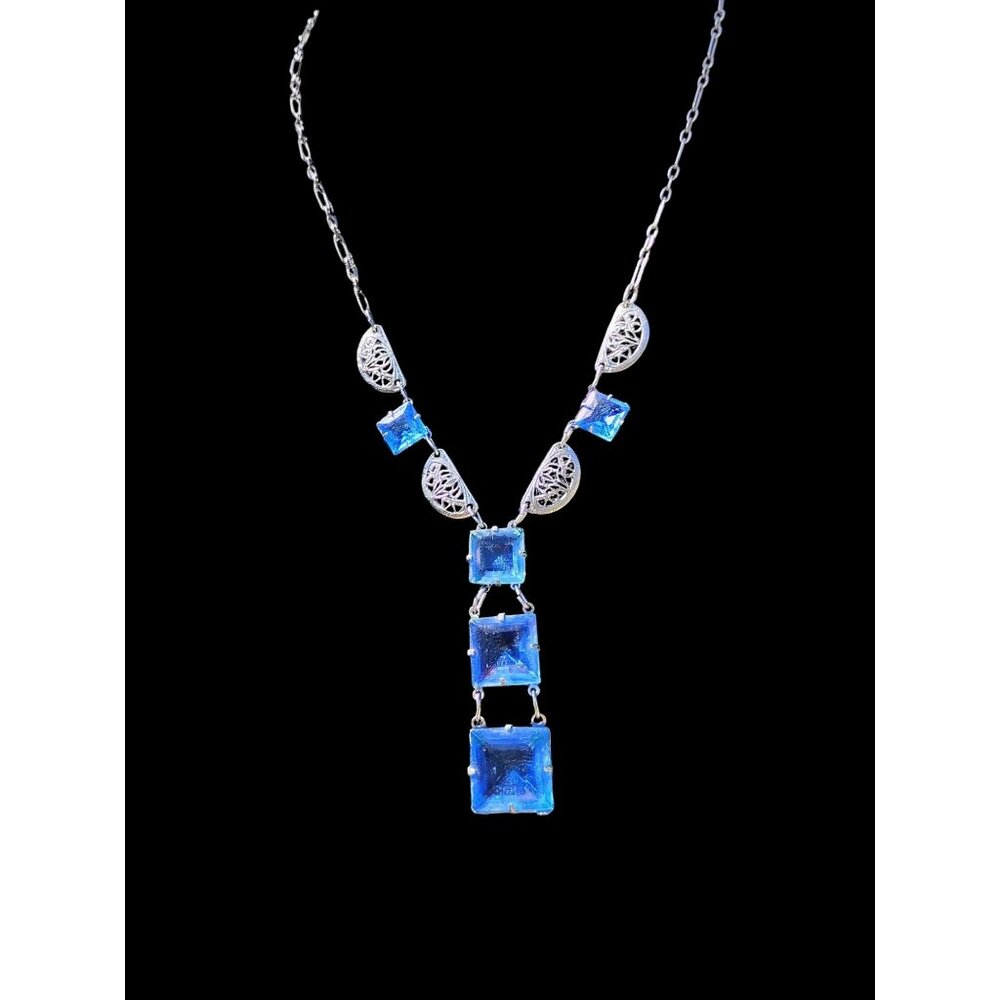 Antique Art Deco Czech Blue Glass Silver Filigree Openwork Drop Necklace